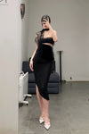 Un Morceau lace velvet stitching twists tube top UM231SZ18 black PUM37